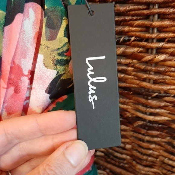 Lulus Women's XL Floral Chiffon Pleated Romantic Sweetheart Neck Midi Dress Tea - Picture 6 of 11